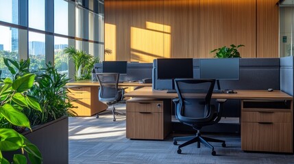 Poster - Modern office space with desks, computers, and plants, designed for productivity.