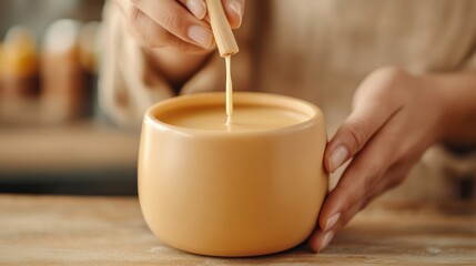 Canvas Print - A person pouring liquid into a cup with a wooden stick, AI