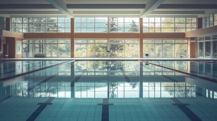 Poster - A serene indoor swimming pool with large windows overlooking nature.