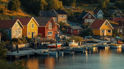 Poster - Colorful seaside houses by the water with boats docked nearby in a serene landscape.