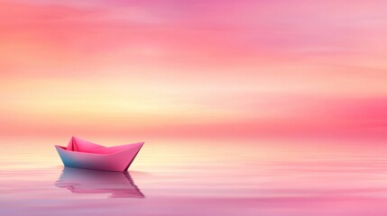 Sticker - A paper boat floating in the water with pink sky, AI