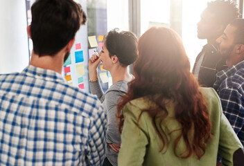 Poster - Meeting, group or business people brainstorming on glass wall for solution, strategy or pitch startup idea. Sticky note, team or collaboration with creative director for planning campaign design