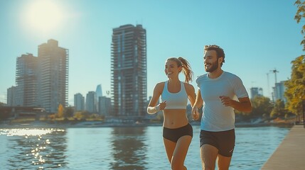 couple jogging by the river cityscape in background sunny day both wearing fitness attire : generati