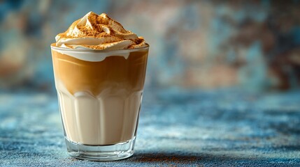 Poster - Dalgona coffee or whipped instant coffee New popular food and drink trend Light background one glass with copy space : Generative AI