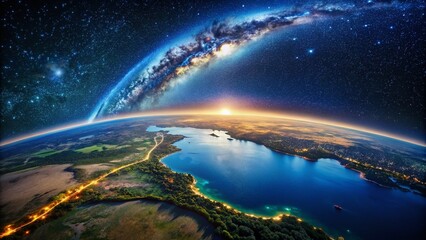 Vibrant lights of coastal cities and sprawling countryside illuminate the dark Australian landscape, set against a starry night sky, with the curved Earth horizon glowing softly.