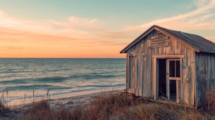 Sticker - A weathered beach house by the ocean at sunset, surrounded by grass and sand.