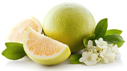 Poster - Isolated pomelo citrus fruit One whole pomelo and a peeled segment with leaves and flowers isolated on white background with clipping path : Generative AI