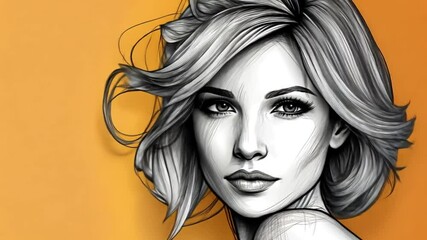 Poster - Portrait of a Woman With Flowing Hair on Orange Background Generative AI
