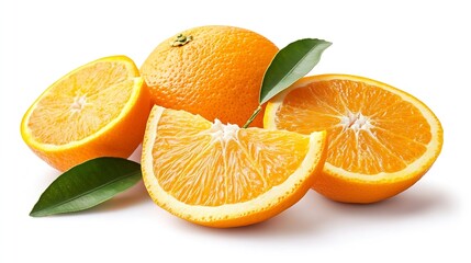 Poster - Orange fruit with orange slices and leaves isolated on white background Orange with clipping path : Generative AI