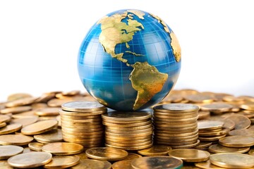 Global Finance Theme, Globe resting on coins ,Represents money and wealth concepts background
