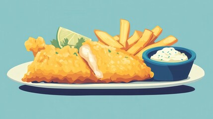 Wall Mural - Crispy Fish and Chips with Tartar Sauce and Lemon Wedge