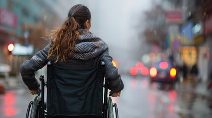 Poster - A woman in a wheelchair is walking down a street in the rain