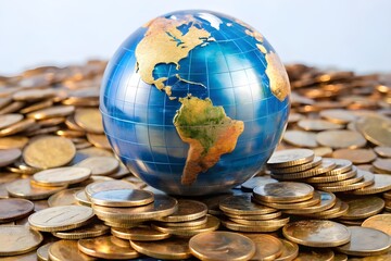 Global Finance Theme, Globe resting on coins ,Represents money and wealth concepts background
