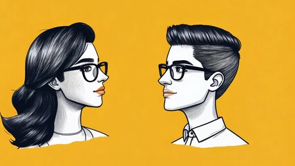 Poster - Stylized Portrait of a Woman and a Man Facing Each Other With Glasses Generative AI