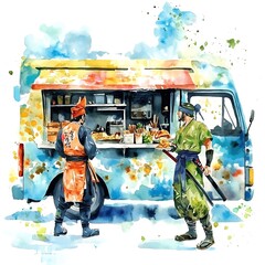 Sticker - Watercolor Illustration of Two Samurai at a Food Truck.