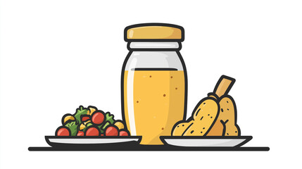 Glass jar of sauce with gold lid, placed next to a plate of food, sweets illustration art