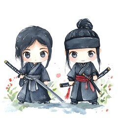 Poster - Watercolor Illustration of Two Cute Cartoon Samurai Warriors with Swords.