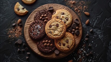 Wall Mural - Delicious Chocolate Chip Cookies on a Wooden Board