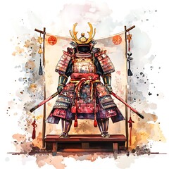 Canvas Print - Watercolor Illustration of a Samurai Warrior in Full Armor.