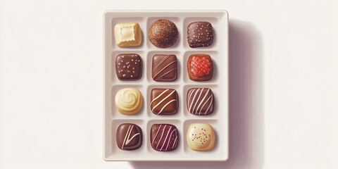 Poster - Selection of handmade chocolates displayed symmetrically on a square plate, sweets illustration art