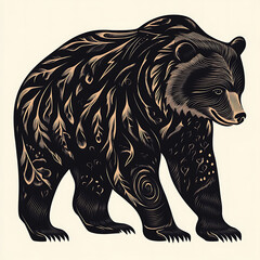 A black and white woodcut illustration of a standing bear with detailed fur and sharp claws.