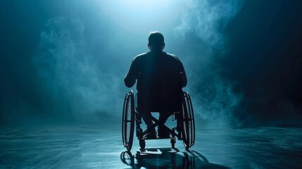 Poster - A man in a wheelchair is sitting in a dark room with smoke