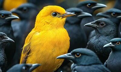 yellow bird among black birds
