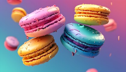 Wall Mural - Levitating Rainbow Macarons in a Mesmerizing Display of Gradient Hues and Intricate Inking Through Digital Art Techniques