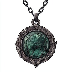 A cursed amulet with dark aura, magical jewelry, handdrawn, intricate design, black and green, isolated on white background