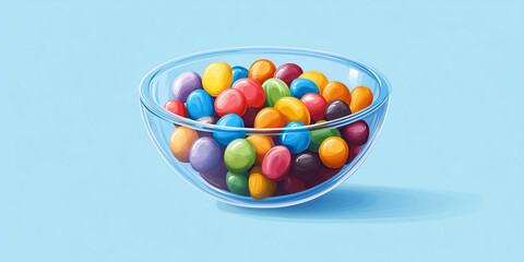 Poster - Clear bowl filled with candies featuring different flavor combinations, evenly distributed, sweets illustration art