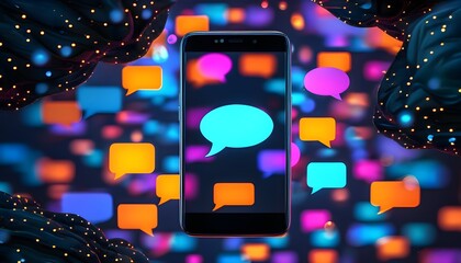 Digital communication overload represented through smartphone notifications enveloped in a virtual bubble under bright, cool lighting