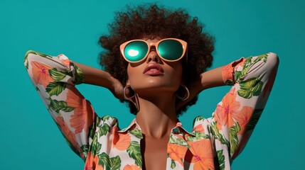 A person is stylishly posing in a strikingly beautiful floral shirt against a green background, epitomizing fashionable style and vibrant summer or spring aesthetics.