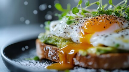 A mouth-watering close-up of a toast topped with mashed avocado and a runny yolk, sprinkled with seasoning and garnished with fresh herbs, ready to be enjoyed.