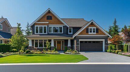 Aufkleber - Real Estate Exterior Front House on a sunny day Big custom made luxury house with nicely landscaped front yard and driveway to garage in suburbs Modern designed home New construction h : Generative AI
