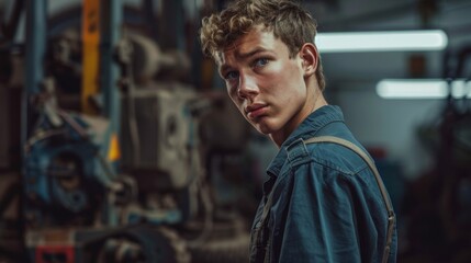 Poster - A young man in a blue shirt stands in front of a large machine