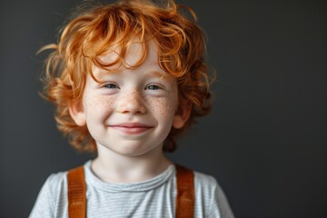 A cheerful little boy with vibrant red curls and freckles beams with happiness while wearing suspenders. His joyful expression lights up the dark backdrop, capturing pure childhood delight