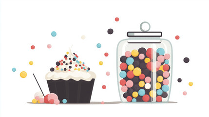 Poster - A glass container of jimmies with various colors, set next to a cake decoration area, sweets illustration art