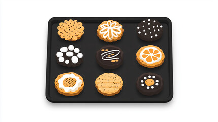 Poster - Group of cookies with themed designs displayed symmetrically on a tray, sweets illustration art