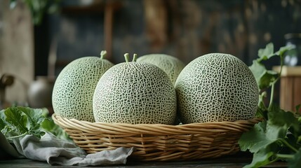 Aufkleber - Sweet melons fruit Natural organic 3 honeydew melon in a fruit basket : Generative AI