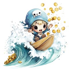 Wall Mural - Cute Pirate Riding a Wave with Falling Gold Coins.