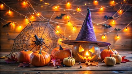 Wall Mural - Vibrant orange and purple lights illuminate a spooky autumnal vignette featuring a witch's hat, artificial spider webs, and ceramic jack-o'-lanterns on a rustic wooden table.