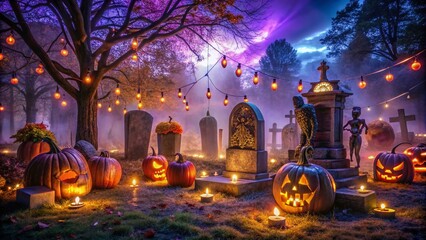 Vibrant orange and purple lights illuminate a spooky graveyard scene with cobweb-covered tombstones, glowing jack-o-lanterns, and skeletal figures at a festive Halloween party.