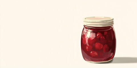 Wall Mural - A small glass jar filled with a chunky fruit compote, resting on a clean, white table, sweets illustration art