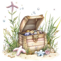 Poster - Watercolor Illustration of a Treasure Chest Filled with Sea Shells Surrounded by Sea Life.