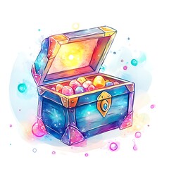 Canvas Print - Watercolor Illustration of an Open Treasure Chest Filled with Jewels.