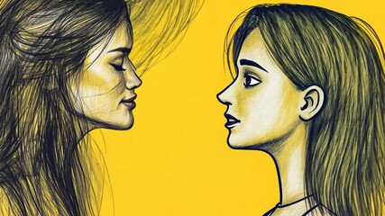 Poster - Two Women Engaged in Conversation Against a Vibrant Yellow Background Generative AI