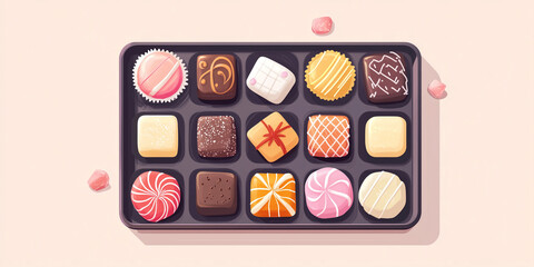 Wall Mural - Tray holding several sweets, each wrapped in special packaging, sweets illustration art