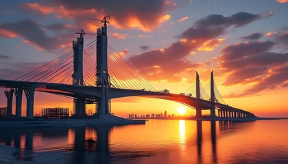 Cinematic sunset highlights a modern bridge under construction, showcasing innovative architectural design and breathtaking colors.