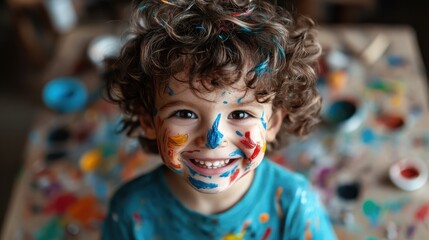 An artistic portrait of a child with curly hair standing amidst vibrant and colorful paint splashes on the table, highlighting creativity and playful innocence.