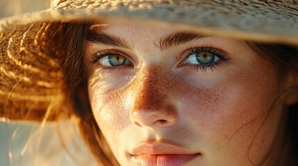 Wall Mural - Beach sun hat woman on vacation Closeup of a girls face in straw sunhat enjoying the sun looking at the camera : Generative AI